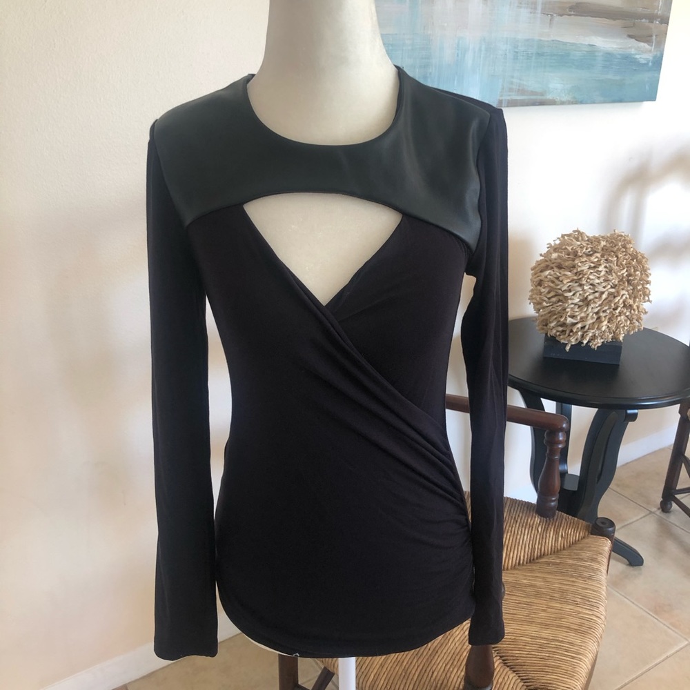 Bebe black faux leather long sleeve blouse